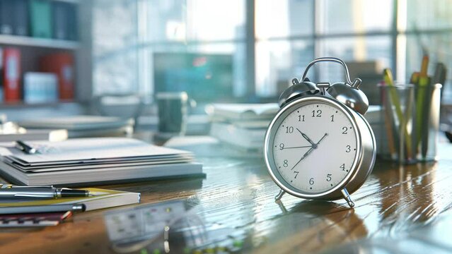 Alarm clock and office stationery objects close up on wooden table