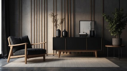 Dark contemporary living room interior with concrete floor