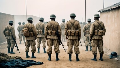A platoon of soldiers in historical uniforms march through fog at a military barracks.. AI Generation