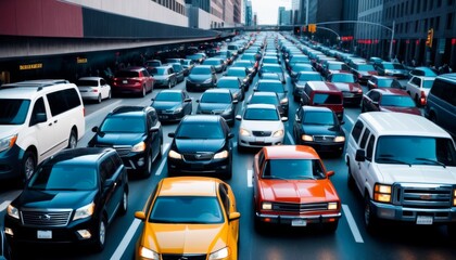 An overhead view of dense rush hour traffic in a modern cityscape, with a standout yellow car amidst a sea of various vehicles.. AI Generation