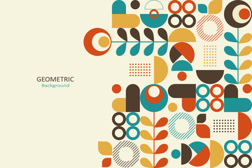 Abstract colorful flat geometric on a beige background, template design with the simple shape of circles. Floral design in vintage style with free space on the side. Vector Illustration.