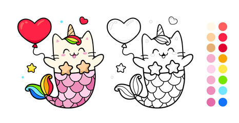 Vector coloring page with Mermaid Cat Unicorn hold heart balloon. Cute Kawaii Kitten Unicorn for coloring page template with color palette. Coloring book for kids. Cartoon rainbow Mermaid unicorn