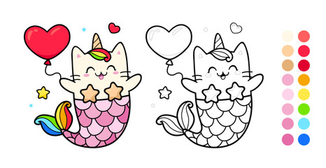 Vector coloring page with Mermaid Cat Unicorn hold heart balloon. Cute Kawaii Kitten Unicorn for coloring page template with color palette. Coloring book for kids. Cartoon rainbow Mermaid unicorn © VRTX