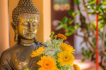 Golden Buddha Statue with Vibrant Yellow and White Flowers in Bloom