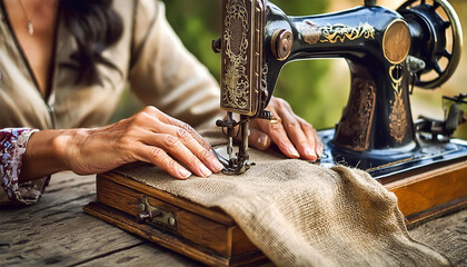 Extreme close-up of two hands of a seamstress who expertly sews a linen fabric with her...