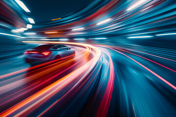 Close-up of a car in motion with dynamic light trails