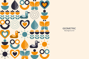 Abstract colorful flat geometric on a beige background, template design with the simple shape of symbols. Minimalist design with free space on the side. Animal concept. Vector Illustration.