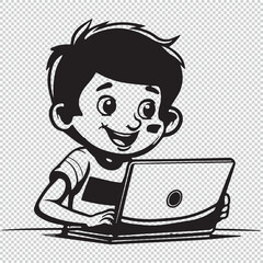 Boy using laptop illustration, black vector design for kids coloring book isolated on transparent background