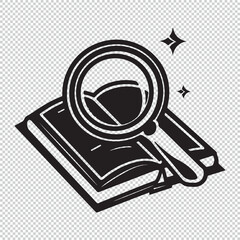 Book with magnifying glass logo icon design, black vector illustration on transparent background
