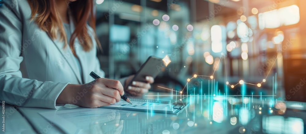 Poster A businesswoman is using a tablet for financial data analysis in a techfocused workspace, focusing on analysis, strategy, planning, economics, and technology to maintain competitiveness