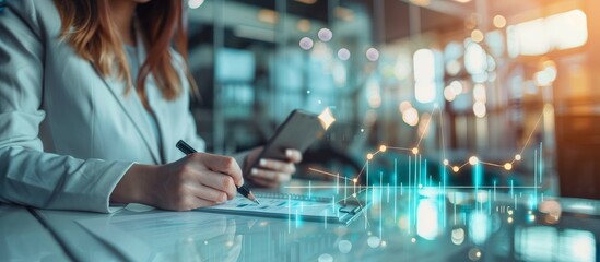 A businesswoman is using a tablet for financial data analysis in a techfocused workspace, focusing on analysis, strategy, planning, economics, and technology to maintain competitiveness