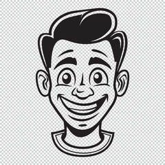 Simple and flat icon of cartoon smiling man face, black vector illustration on transparent background