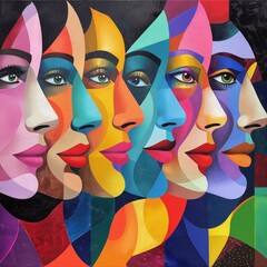An artwork of six women's faces working together in harmony. Bright colors, art style