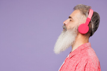 Young happy elderly gray-haired mustache bearded man 50s years old wears pink shirt casual clothes...