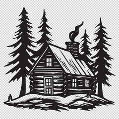 Wooden cabin in forest cartoon design, black vector illustration on transparent background
