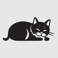 Simple and flat icon of cartoon cat silhouette, black vector illustration on transparent background