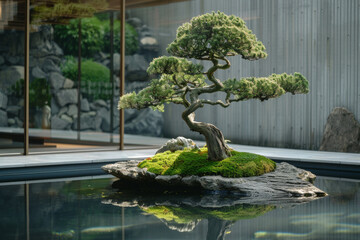 A minimalist Japanese garden with bonsai tree and a still calm pool, incorporating rocks, moss. 