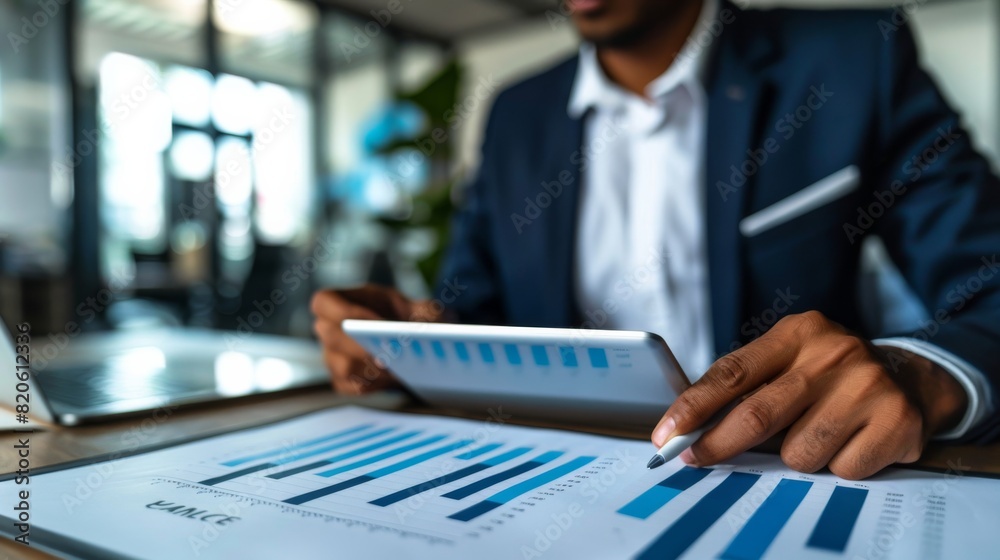 Poster A proficient professional uses a tablet to analyze data and reports in a modern office setting for strategic business decisions, demonstrating professionalism and advanced technological skills