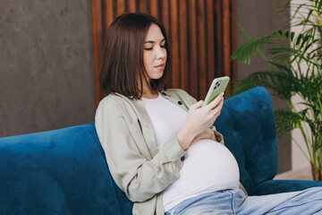 Young pregnant woman with belly wear casual clothes hold use mobile cell phone sit on blue sofa couch stay home hotel flat rest relax spend free time in living room indoor Maternity pregnancy concept