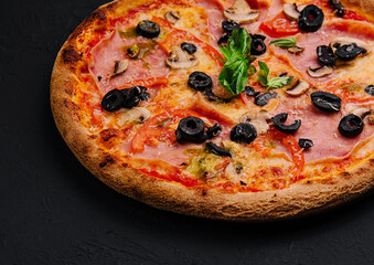 Appetizing sicilian pizza with ham and black olives