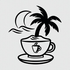 Coffee cup, beach island and palm logo, black vector illustration on transparent background