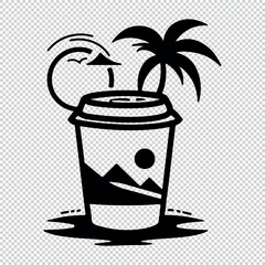 Coffee cup, beach island and palm logo, black vector illustration on transparent background
