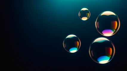 four floating soap bubbles against dark background, banner with copy space. concepts: backgrounds for advertisements or presentations, lightness and fragility, imagination, dreams and aspirations.