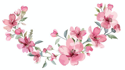 Pink Flowers Watercolor Semi Wreath Isolated on White