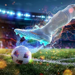 Generative AI, football boot kicking a soccer ball, goal moment on the stadium Job ID: b500703a-9c13-4fde-b45b-3b8466c97173