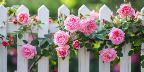 Wild pink roses growing on a white picket fence with flower garden showing through illustration