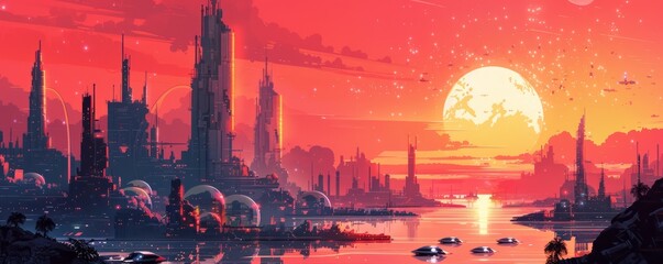 A retro-futuristic metropolis dominated by towering arcologies and sleek hovercraft, where advanced technology and urban sprawl collide.   illustration.