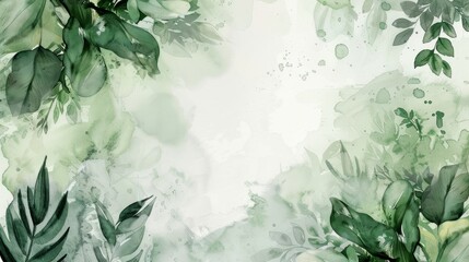 Green and white watercolor hand painted background template for Invitation with flora and flower