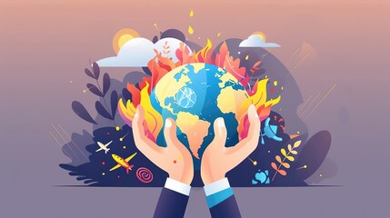 Earth in flames, held in hands, smoky background, close-up, global temperature increase, dramatic scene isolated on soft plain pastel solid background
