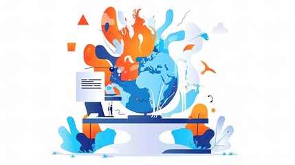 Flaming globe in microwave, intense fire, dark blue surroundings, temperature rise, conceptual climate change isolated on soft plain pastel solid background