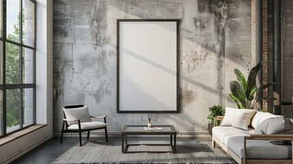 A sleek black metal poster frame on a textured concrete wall, surrounded by minimalistic furniture in a Scandinavian-style living room, natural light streaming in from large windows,