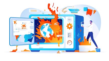 Earth ablaze in microwave, bright flames, dark blue surroundings, close-up view, conceptual warming impact isolated on soft plain pastel solid background