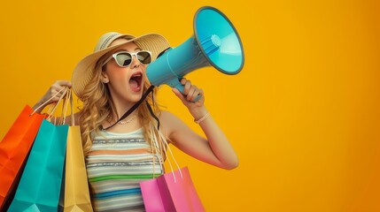 A woman is energetically shouting into a megaphone while carrying shopping bags. She appears excited and stylish, sporting a colorful hat and sunglasses, against a vibrant yellow background