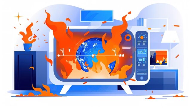 Earth ablaze in microwave, bright flames, dark blue surroundings, close-up view, conceptual warming impact isolated on soft plain pastel solid background