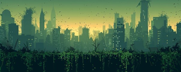 A post-apocalyptic cityscape where nature has reclaimed the urban jungle, with vines and ivy cascading down crumbling skyscrapers. illustration.