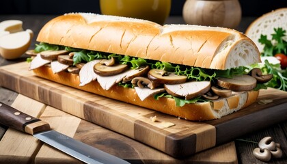 A hearty turkey and mushroom sub sandwich on a wooden cutting board, with lettuce and a background of sandwich ingredients.. AI Generation