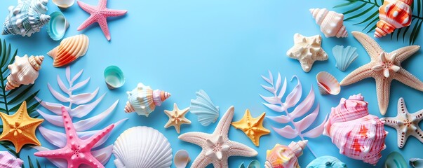 Beach toys and shells, pastel shades, tropical background, pop art