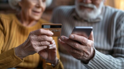 In their golden years, an elderly couple shop online using a credit card and smartphone, embracing modern tech. This demonstrates tech adoption and digital transactions among seniors
