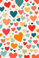 Card with colored hearts of different sizes on a white background, sketch vintage illustration