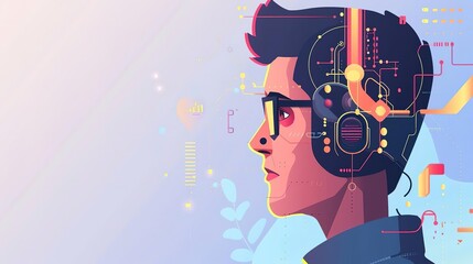 Create an illustration of a young man wearing glasses and headphones with a technology-inspired background