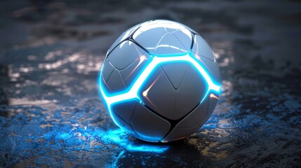mechanical futuristic soccer ball or football in white glossy material with neon burning glow details