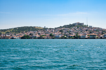 Scenic or panoramic View of Ayvalık, Turkey coastline from the sea.