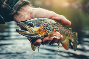 Large trout fish in the hands of a fisherman, against the backdrop of a summer lake, nature and uniqueness