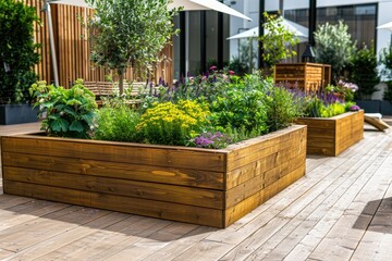 Wooden raised beds in modern urban garden with growing plants flowers herbs spices and vegetables. - Powered by Adobe
