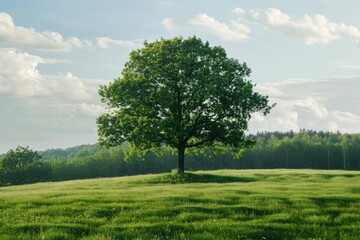 Obraz premium A single large tree with lush green foliage standing alone in a vast field under a clear blue sky