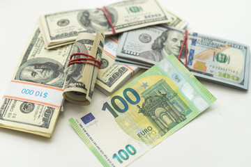  banknotes, American dollar, European currency, euro, various money.